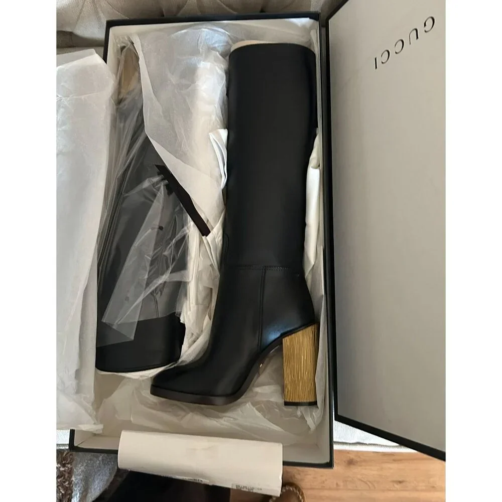 NIB $1800 Gucci Lifford Leather Gold Tone Striped Metallic Knee Boots Black Size